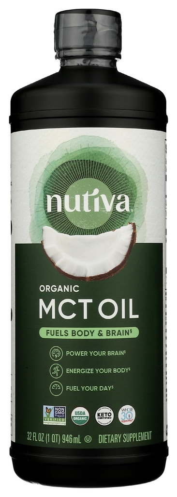 Nutiva Organic MCT Huile, non aromatisée, 32 Oz, USDA Organique, non-OGM, non-BPA, entière 30 Approuvé, végétalien, sans gluten et kéto, 14g MCT par service et saveur neutre pour stimuler l'énergie au café, aux Shakes et aux salades