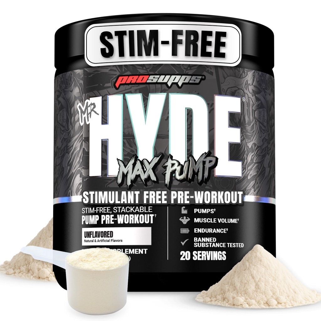 PROSUPPS Mr. Hyde Max Pump Pre Workout Powder - Stim-Free Preworkout unterstützt Blutfluss, Muskelvolumen & Endurance - Koffeinfreies Nitric Oxid Gym & Fitness-Ergänzungen (Unflavored, 20 Portionen)