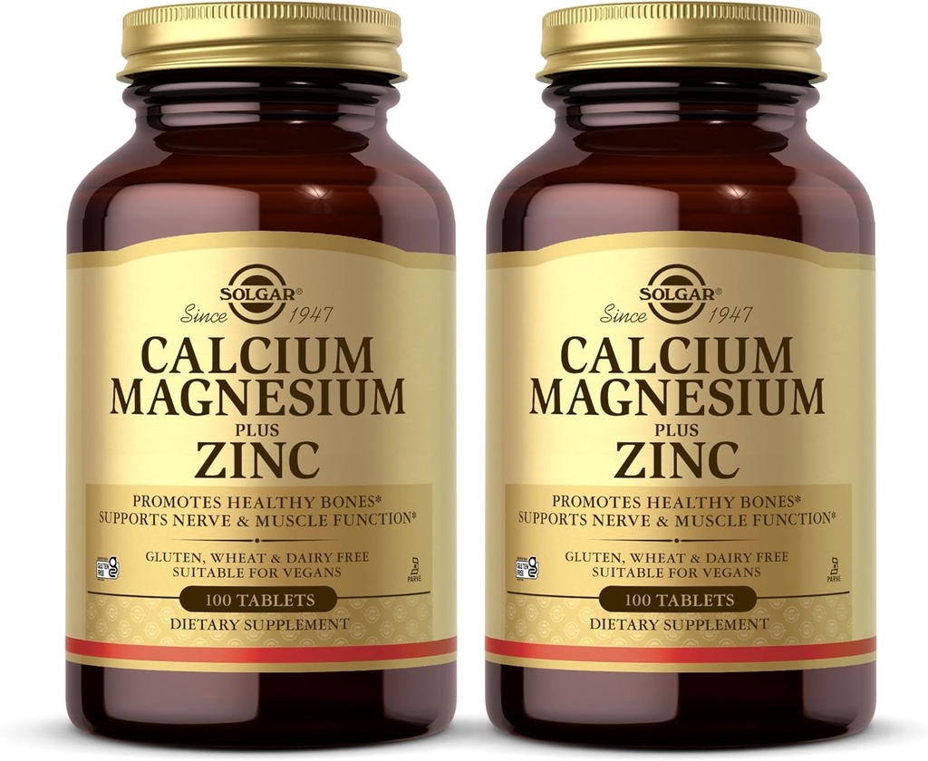 Solgar Calcium Magnesium Plus Zink, 100 Tabletten (Pack von 2) - Fördert gesunde Knochen und Zähne - Unterstützt Nerve & Muskel-Funktion - Non-GMO, Vegan, Glutenfrei, Dairy Free, Kosher - 66 Gesamt Servierungen