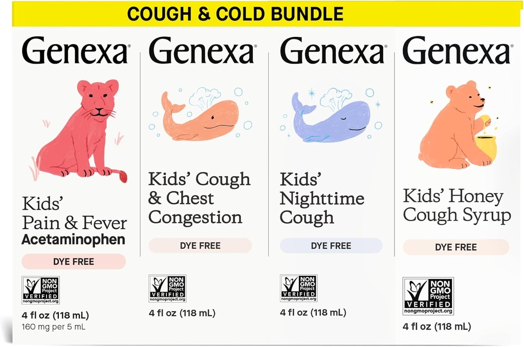 Médecine propre de la toux pour enfants Genexa et sirop de toux de miel, réduction de la douleur et de la fièvre 4-Pack, sans colorant, 0% Additifs artificiels, soins de la toux pour les enfants, fièvre et soulagement de la douleur, 16 fl oz (4 bouteilles)