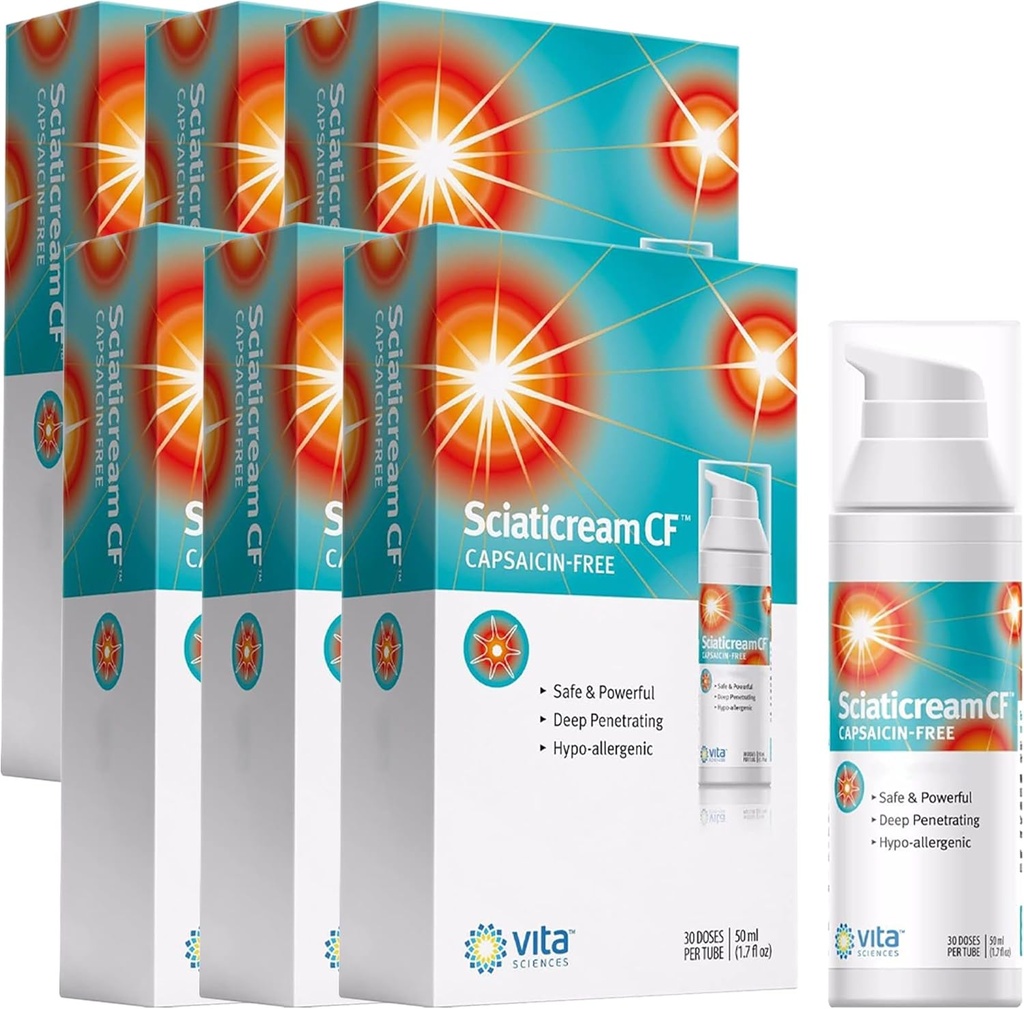 Vita Sciences Sciaticream CF: Schnelle beruhigende Creme für Sciatic Nerve mit Arnica, B1, B5, B6, MSM, Aloe und Coconut Oil Base. Capsaicin-FREE. Fast Acting Beruhigende Formel - Paket von 6