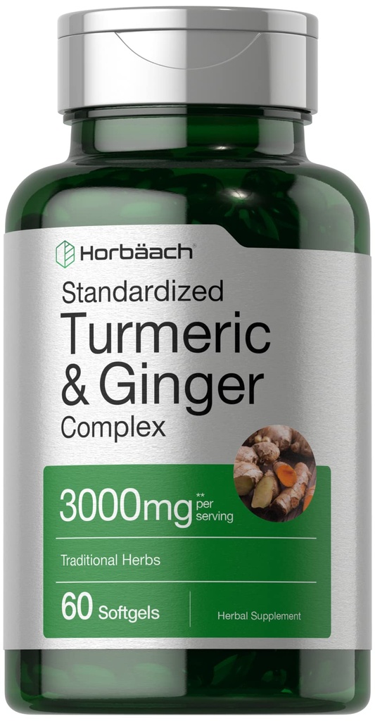 Horbäach Turmeric und Ginger Supplement 3000 mg | 60 Softgel Kapseln | Turmeric Curcumin Complex mit schwarzem Pfeffer Extrakt | Non-GMO, Glutenfrei