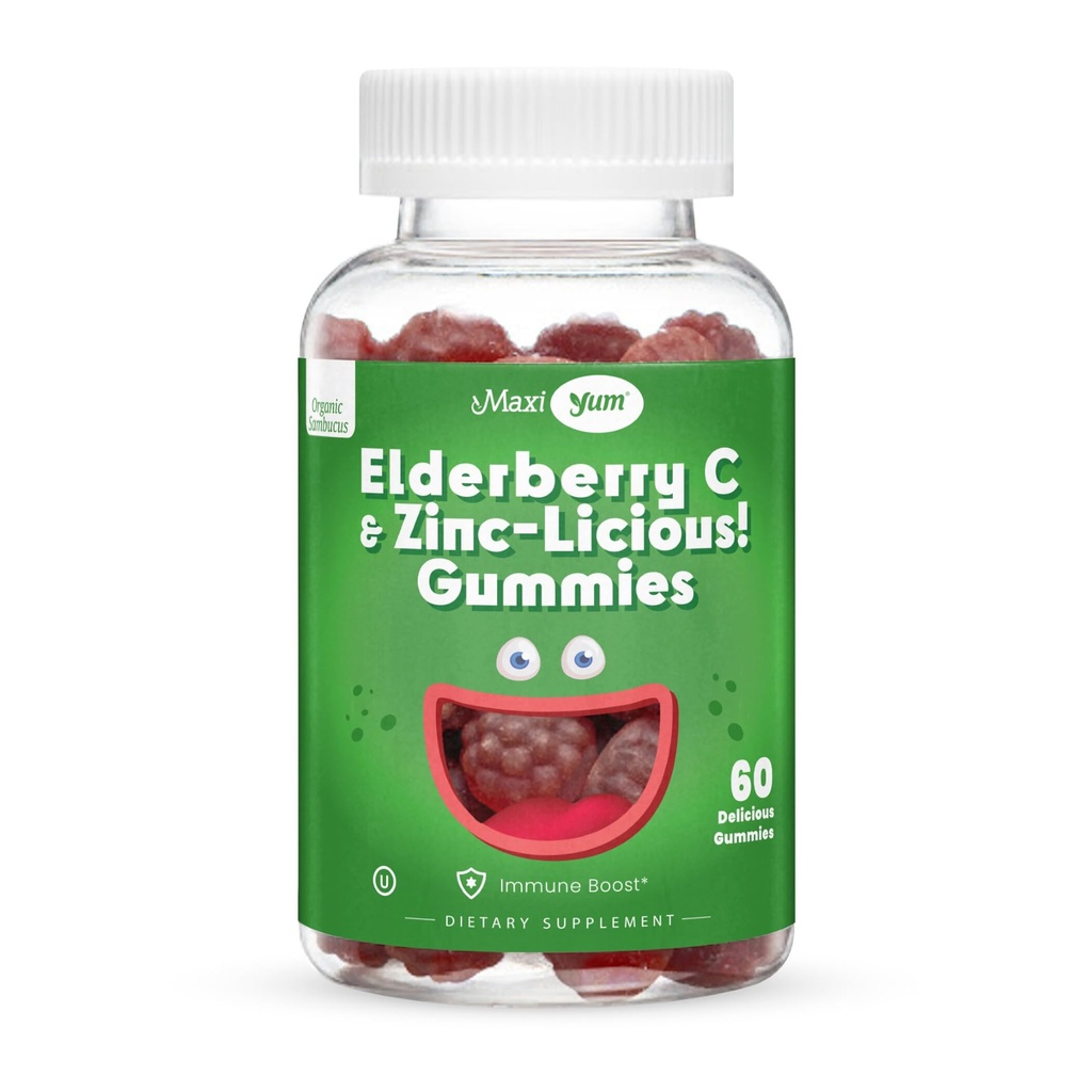 Gommies de zinc de la mûre aînée - Gommies de mûre aînée de Sambucus biologique avec du zinc et de la vitamine C - Soutien immunitaire végétalien pour les adultes et les enfants - Suppléments de mûre aînée à croquer pour stimuler l'immunité - 60 Gommies