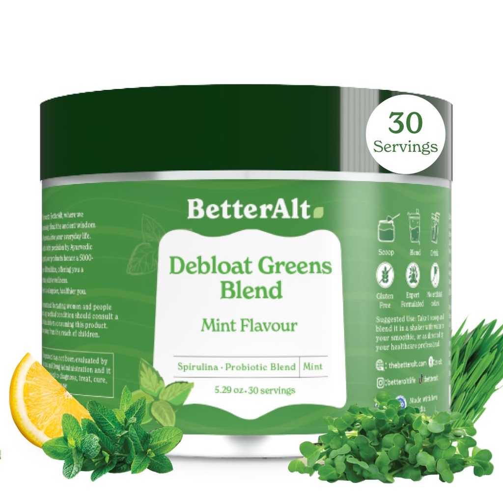 Besser Alt Greens Pulver, Detox & Debloat mit 15 Super Greens Mischung aus Spirulina, Moringa Powder, Wheatgrass, Pre & Probiotics, verpackt mit Antioxidantien, Mint Flavor, No Maltodextrin, 30 Servierungen