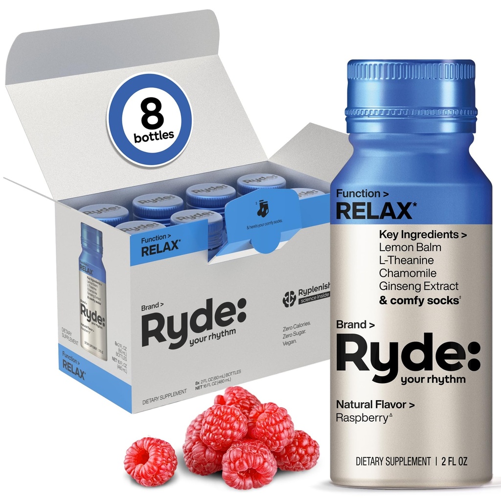 Ryde: Relax Shot | Raspberry Flavor | Lemon Balm, L-Theanine, Ginseng & Chamomile | 0 Kalorien, 0 Zucker | 2 FL OZ Schüsse | Hilft Ihnen zu entspannen* (8 Packung)
