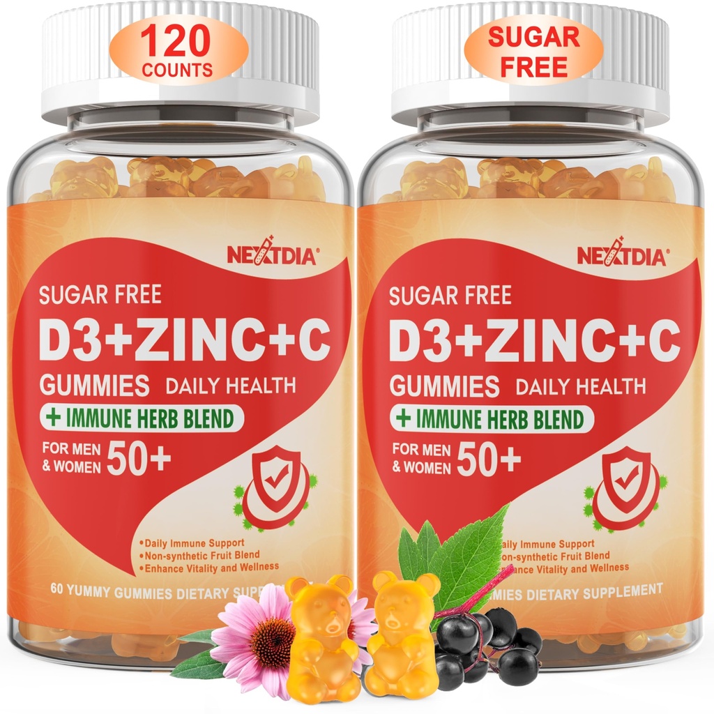 Zuckerfreies Vitamin C + D3 + Zink-Gummi für Erwachsene 50 +, 9 in 1 Immun-Verteidigungsergänzung mit D3 5000IU, Elderberry, Echinacea, Mullein Blatt für Boost Immunität, Power Antioxidant, Vegan (Pack von 2)
