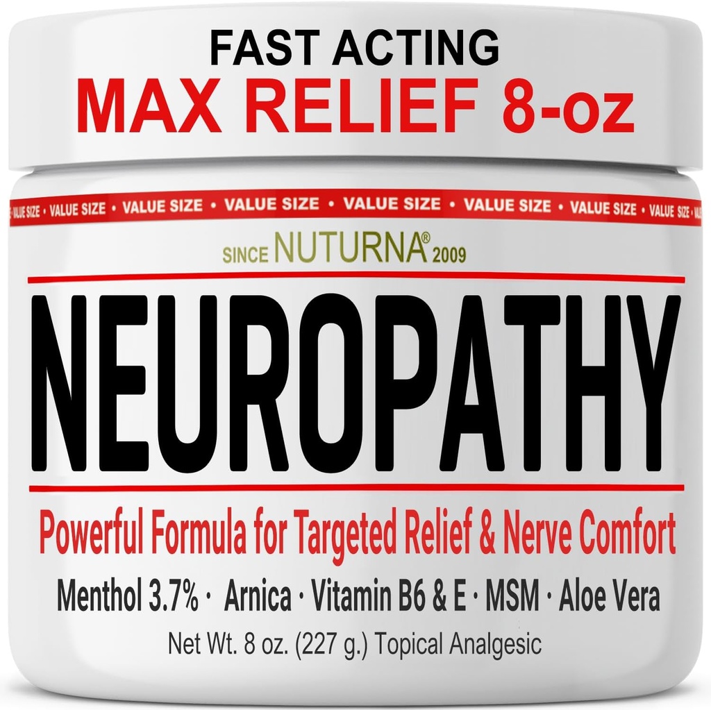 Neuropathy Nerve Relief Cream - Fast Acting Max Relief für Füße Beine Zehen Rücken - Ultra Strength Menthol Arnica Aloe Vera MSM, Beruhigende natürliche Nerve Comfort Relief, Super Large 8 oz
