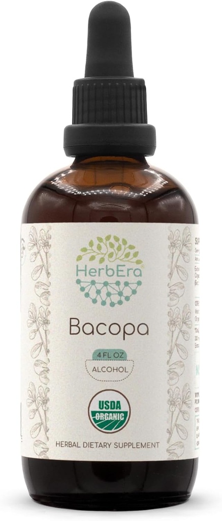 HerbEra Bacopa A120 USDA Organic Tincture | Alkoholextrakt, hochkarätige Kräutertropfen, Entspannung, Positive kognitive Wirkung | Certified Organic Bacopa (Bacopa Monnieri) Getrocknete Kräuter (4 fl oz)
