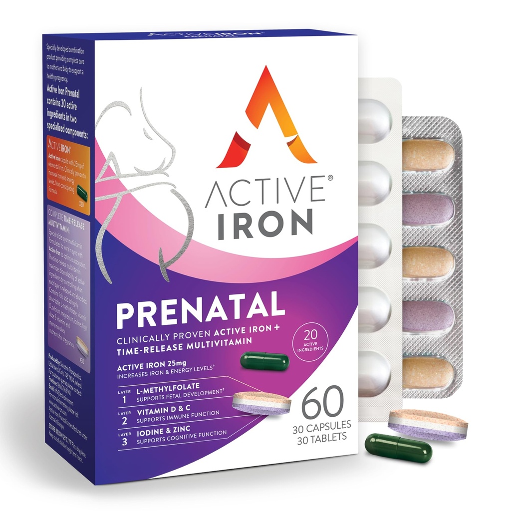 Aktive Eisen-Pränatal, Eisen-Ergänzung + Pränatale Vitamine für Frauen, 30 Nicht-Verhaltende Kapseln + 30 Zeit-Release Multivitamine, Schwangerschaft, Stillen & Postpartum Essentials