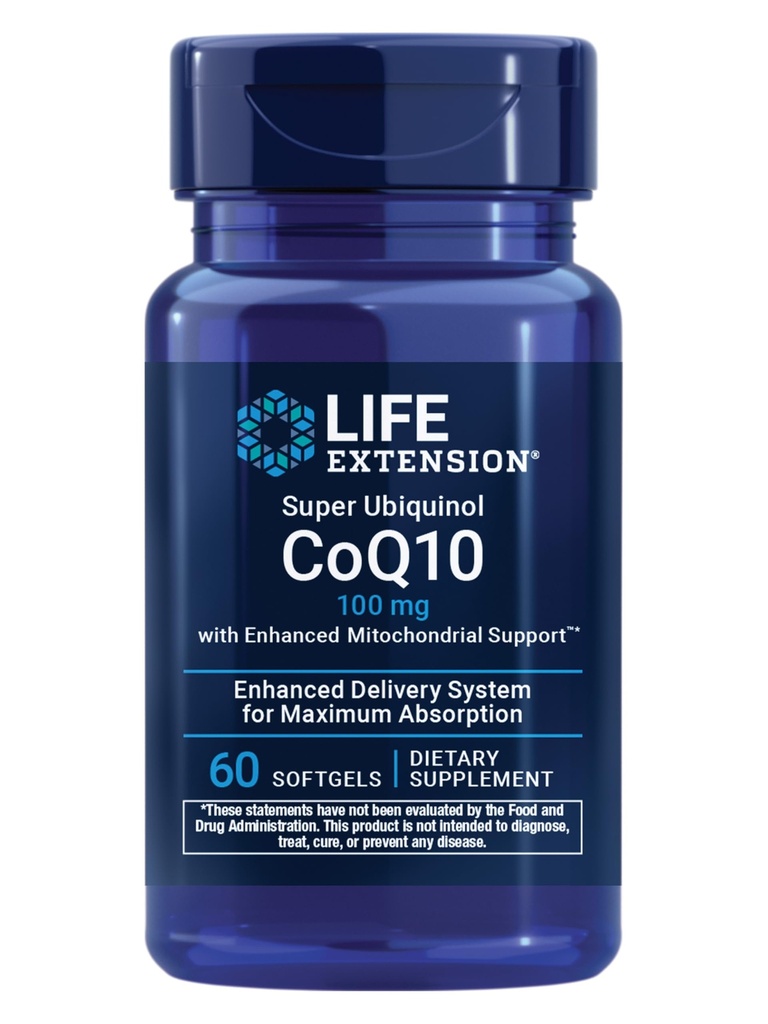 Extension de vie Super Ubiquinol CoQ10 avec support Mitochondrial amélioré, soutien de la santé cardiaque et de la production d'énergie cellulaire, ultra-absorbable, sans gluten, sans OGM, 100 mg, 60 softgels