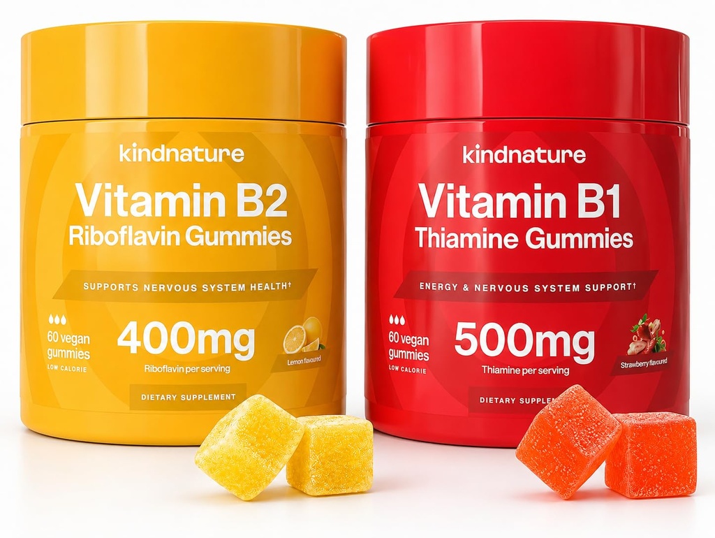 kindnature B-Vitamin Boost: B1 Thiamin 500mg & B2 Riboflavin 400mg Gummy Duo für Kinder & Erwachsene