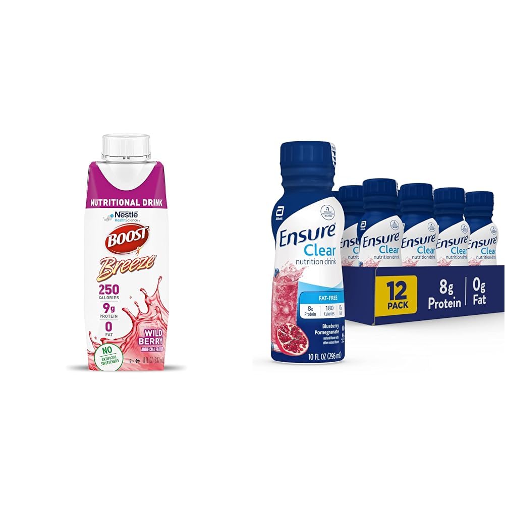 BOOST Breeze Clear Nutritional Drink, 9g Protein, 250 Nährstoff-Rich Kalorien, Wild Berry, 8 fl oz & Ensure Liquid Clear Nutrition Drink, 0g Fett, 8g Protein, Blueberry Pomegranate, 10 Fl Oz