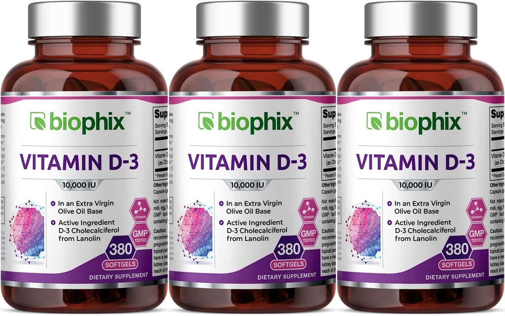 Biophix Vitamin D-3 10000 IU 380 Softgels 3 Pack - hochkarätig in extra Virgin Olivenöl Non-GMO Soy-Free unterstützt starke Knochen Immungesundheit