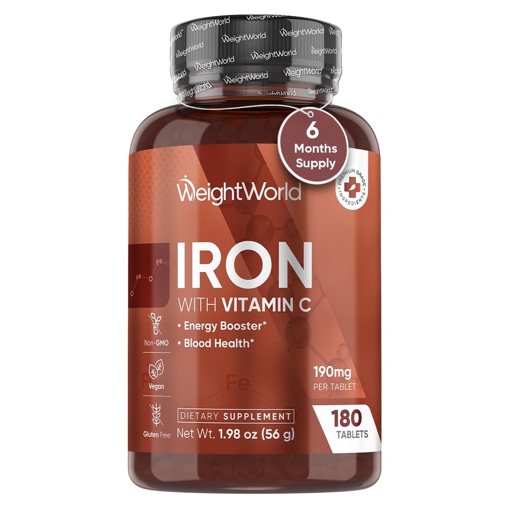 PoidsWorld Iron Supplement 65mg - avec vitamine C 125mg - 180 comprimés végétaliens (6 mois d'approvisionnement) - Supplément en fer carbonyle doux pour les femmes et les hommes - Booster d'énergie et la chaleur du sang - Non-OGM et sans gluten