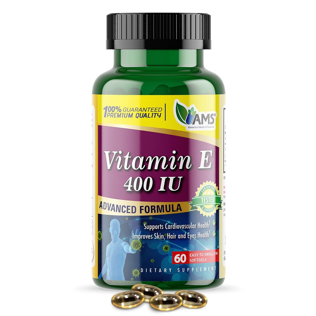 Amerika Medic & Science Vitamin E 400 IU (60 Softgels) Nahrungsergänzungsmittel, die Herzgesundheit unterstützt, fördert gesunde Haut, Haar, Augen und Immunsystem | Dl-Alpha Tocopheryl Acetate Gel Kapseln fördert