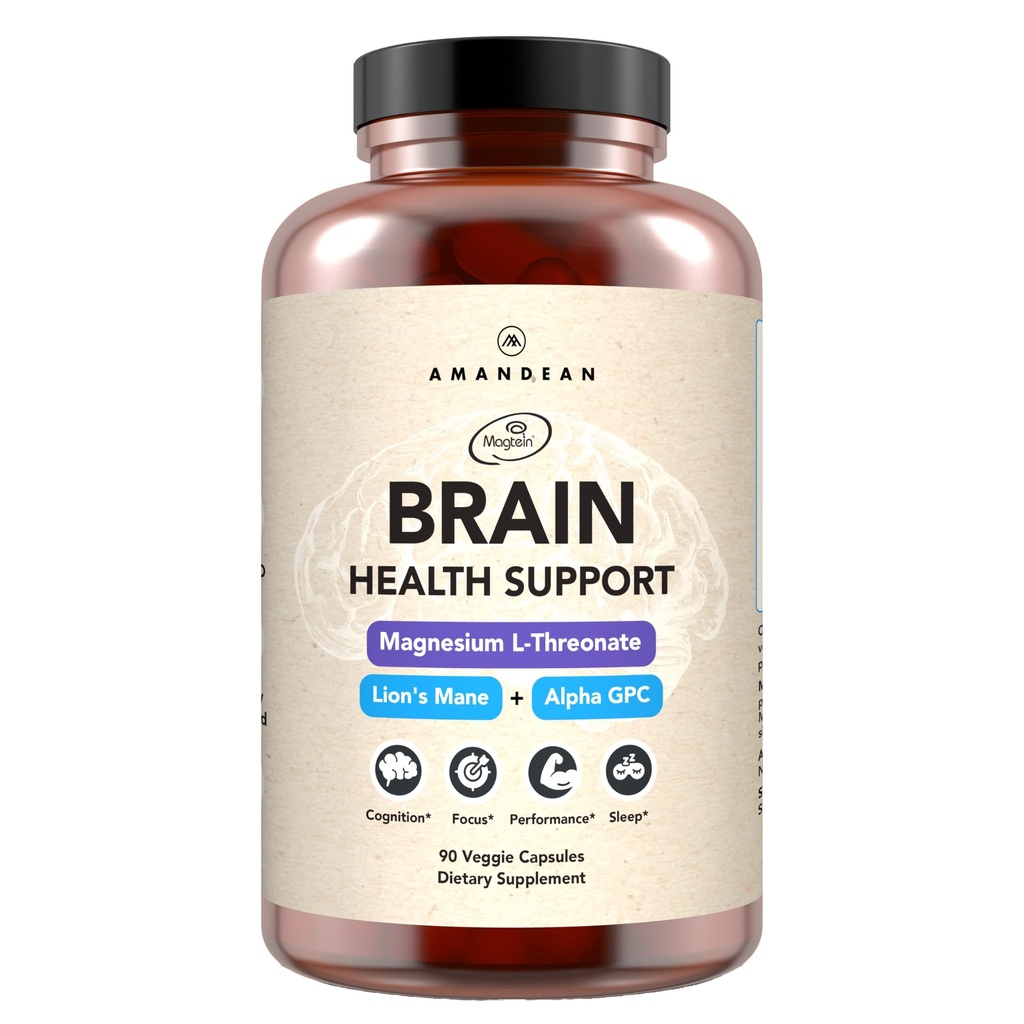 AMANDEAN Brain Supplement. Nootropic kognitive Unterstützung für Gedächtnis, Fokus, Klarheit. Magnesium L-Threonate (Magtein), Lion's Mane Mushroom Extract, Alpha GPC Choline Complex. 90 Veggie Kapseln.