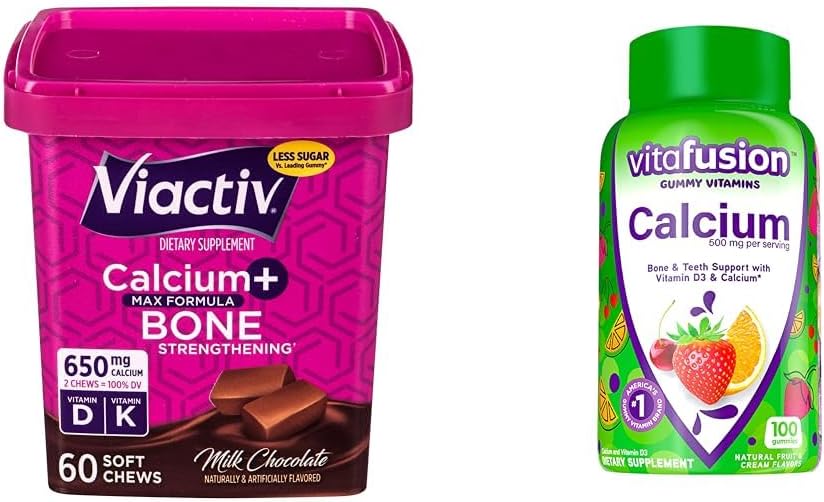 Viactiv Kalzium Kauen 60 Graf & Vitafusion Kalzium Gummy Vitamine 100 Graf - Kalzium Ergänzungen für Knochen & Zähne Unterstützung