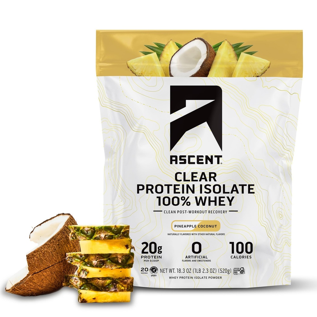 100% klar Whey Protein Pulver - Post Workout Whey Protein Isolate, Zero Künstliche Aromen & Süßungsmittel, Glutenfrei, 5.5g BCAA, 2.1g Leucine, Essential Amino Acids, Ananas Coconut, 20 Serv