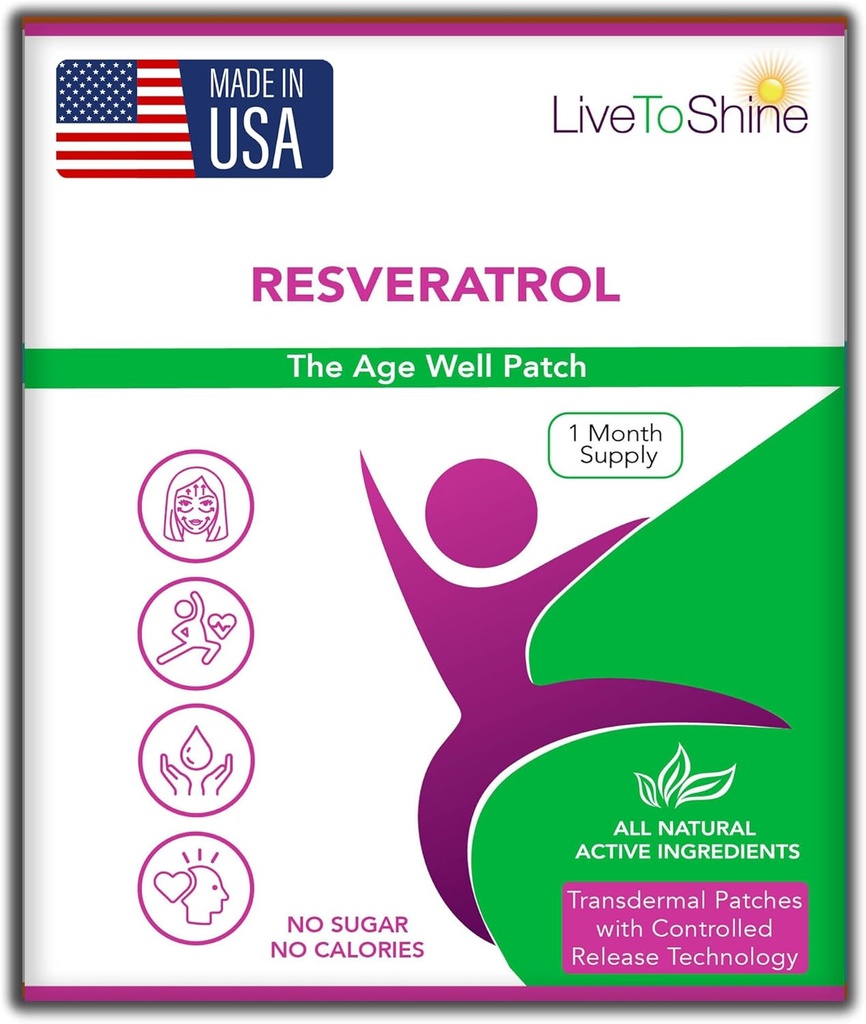 Live To Shine Resveratrol Patch - Transdermale topische pflanzenbasierte Antioxidante Unterstützung für gesundes Altern und Wellness - 30 Patches für Damen und Herren - USA Made