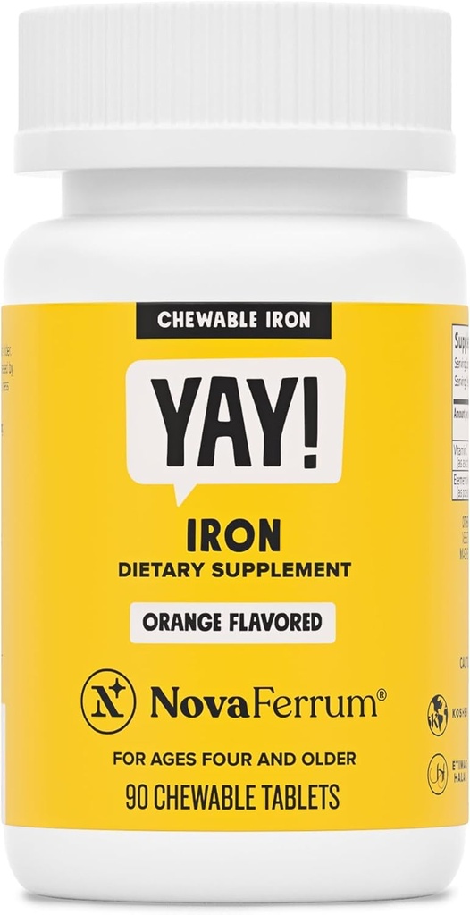NovaFerrum Yay | Kaubare Eisen-Ergänzung für Kinder & Erwachsene Alter 4 und über | 18mg Eisen | 90 Servierungen | Zucker Free | Vegan | Glutenfrei | Orange Flavor