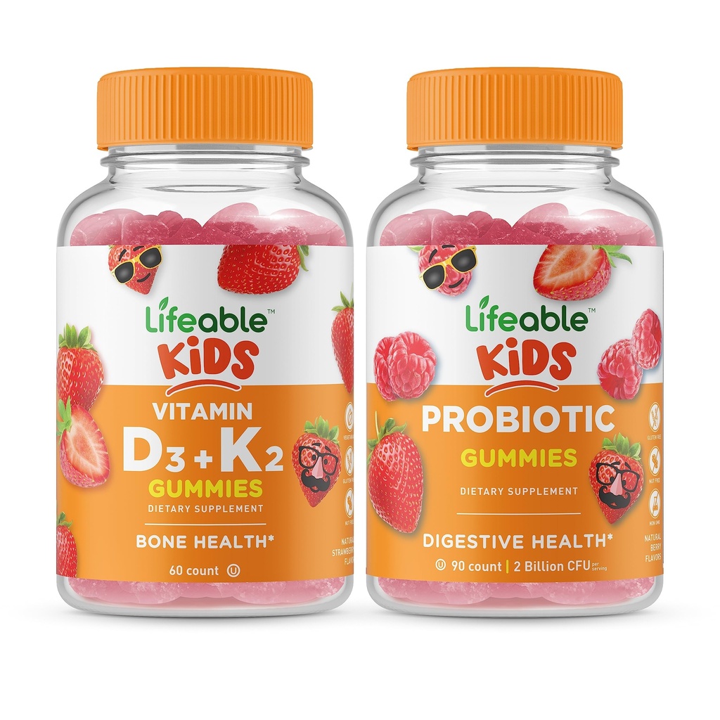 Vitamine vivante D3 + Vitamine K2 Enfants + Probiotiques 2 milliards UFC Enfants, Gommies Bundle - Grande dégustation, supplément de vitamine, sans gluten, sans OGM, gommy à croquer