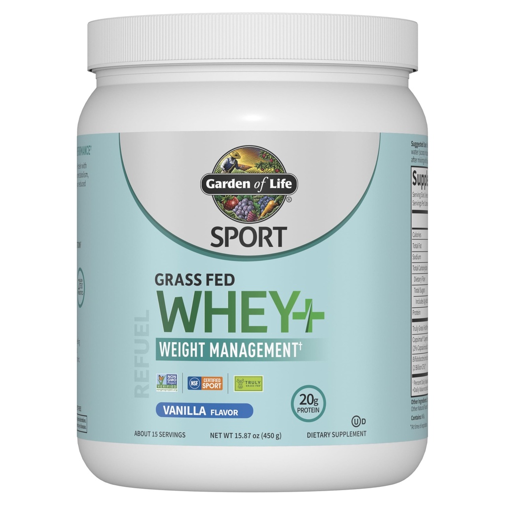 Garten des Lebens Sport Whey Plus Gewichtsmanagement mit Amino Energie - 20g Gras Fed Protein Isolate für Frauen und Männer - Vanille Pulver - mit Capsimax, 2 Billion CFU Probiotics, Über 15 Portionen