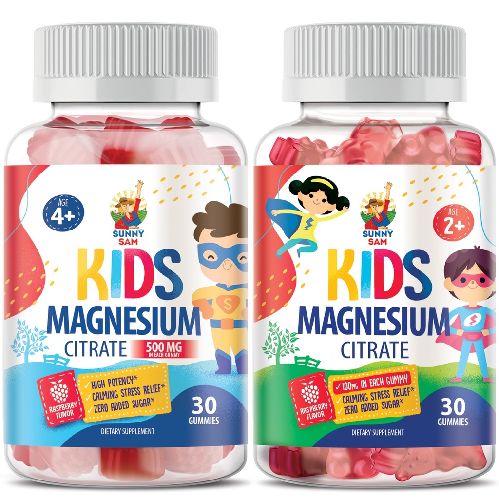 SUNNY SAM Gommies de magnésium pour les enfants - 100mg et Gommies de magnésium pour les enfants 500mg.