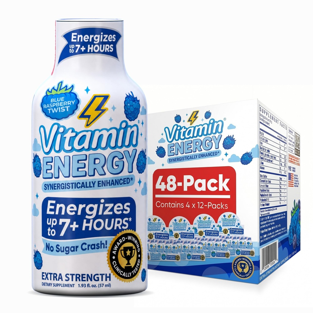 Vitamin Energy Immune+ Extra Strength Energy Shot Blue Raspberry 48 Pack, 260mg Natürliche Koffein, B-Vitamine, Citicoline, Grüner Tee, Immunität und Fokus Unterstützung, Zero Sugar, Gluten-Free 1.93 fl oz