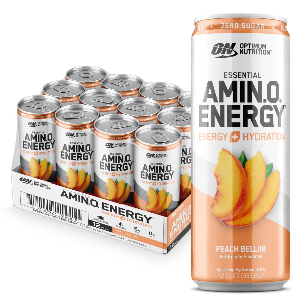 Optimum Nutrition Amino Energy Sparkling Hydration Drink, Elektrolyte, Koffein, Aminosäuren, BCAAs, Sugar Free, Peach Bellini, 12 Fl Oz, 12 Pack (Packaging May Vary)