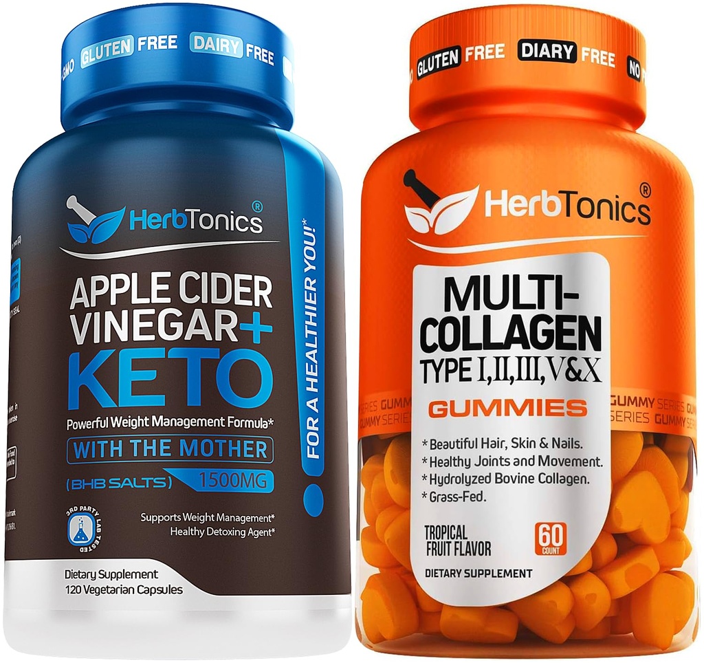 Herbtonics Apple Cider Essig Kapseln Plus Keto BHB | Fat Burner & Weight Loss Supplement für Damen & Herren - Multi Collagen Gummies Typ 1,2,3,5 & 10 mit Biotin für Haarwachstum, Haut, Nägel