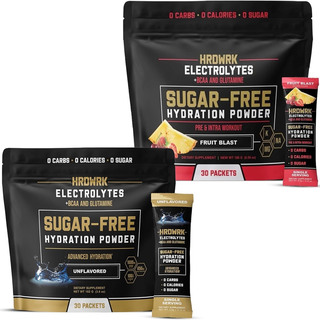 HRDWRK Electrolyte Packets pour le mélange de variétés d'hydratation avec du magnésium, du sodium de potassium, des BCAA et de la glutamine.