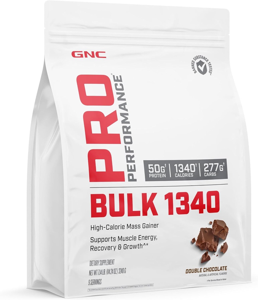 GNC Pro Performance Bulk 1340 Mass Gainer Protein Powder, 50g, Gluten Free, Whey, Creatine, BCAA, 3rd Party Tested, Muscle Recovery & Growth, Micronutrients, Double Chocolate, 9 Servings