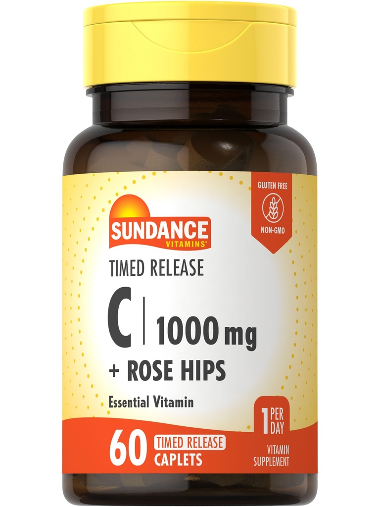 Sundance Vitamin C 1000mg mit Rose Hips | 60 Coated Caplets | Timed Release | Vegetarisch, Non-GMO und glutenfreie Ergänzung