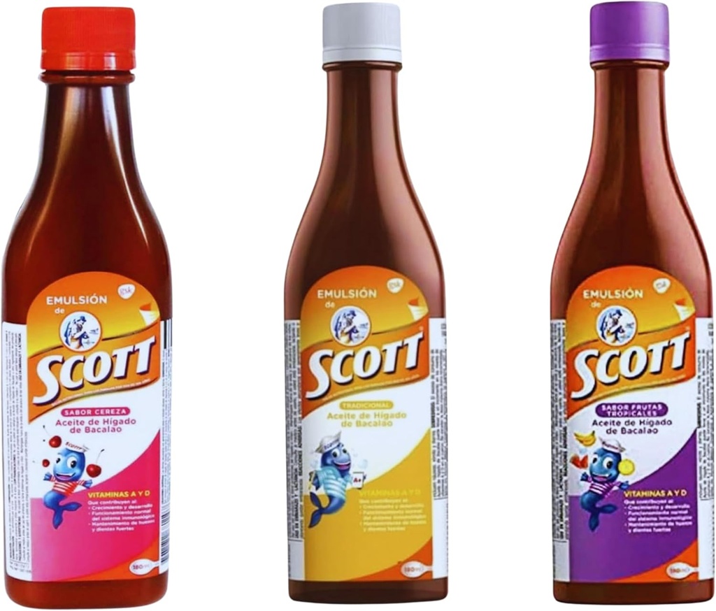 Emulsión de Scott 3 Pack Combo – Cod Liver Oil (Traditional, Cherry, Tropical Fruit Flavors) - 180ml Jeder
