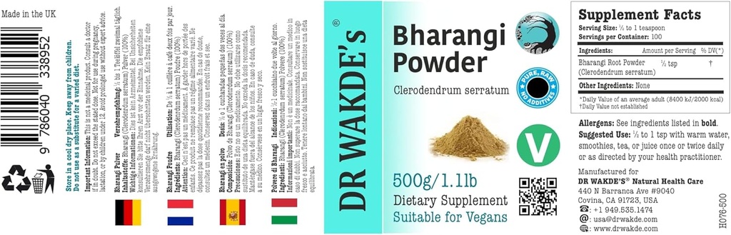 DR WAKDE's Bharangi Powder (Clerodendrum serratum) - 500g (1.1lb) | Pure, Raw & Dried Powder | Natürliches Aroma und Frische | Feines Pulver | Vegan | Premium Grade | Nichts hinzugefügt, nichts entfernt