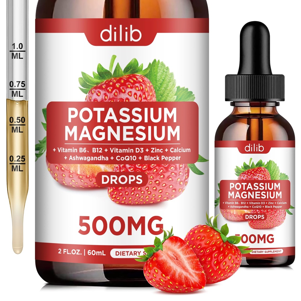 Supplément de citrate de magnésium potassique, gouttes de citrate de magnésium liquide 500mg avec Ashwagandha, Calcium, zinc, vitamine D3, B6, B12, CoQ10 - Soutien Calme et Bone et Muscle et Immune Santé Vegan 2 fl oz