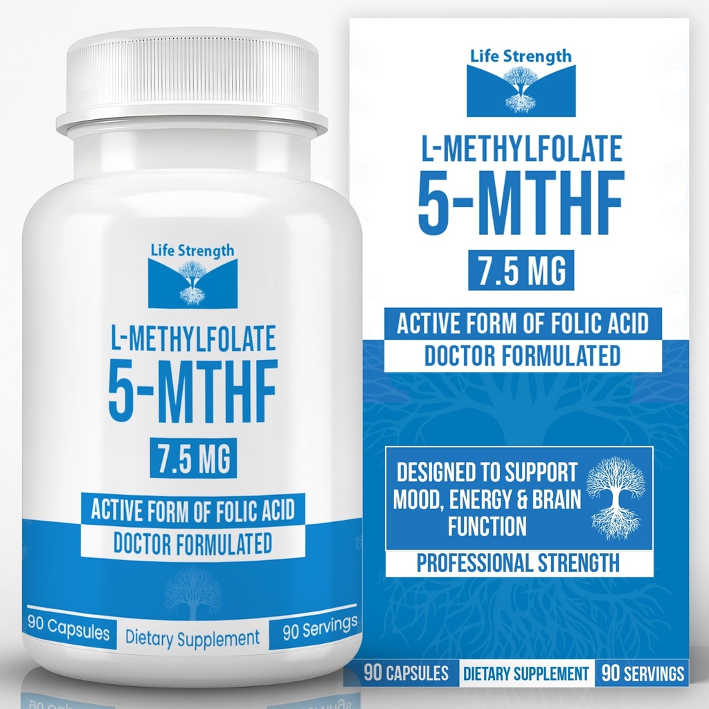 L-Méthylfolate 7,5 MG, Folate de méthyle optimisé et hautement bioactif, supplément 5-MTHF pour le soutien de l'humeur et de l'immunité, supplément de régime naturel pour l'énergie, sans OGM et sans gluten, 90 capsules