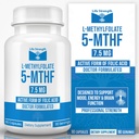 L-Méthylfolate 7,5 MG, Folate de méthyle optimisé et hautement bioactif, supplément 5-MTHF pour le soutien de l'humeur et de l'immunité, supplément de régime naturel pour l'énergie, sans OGM et sans gluten, 90 capsules