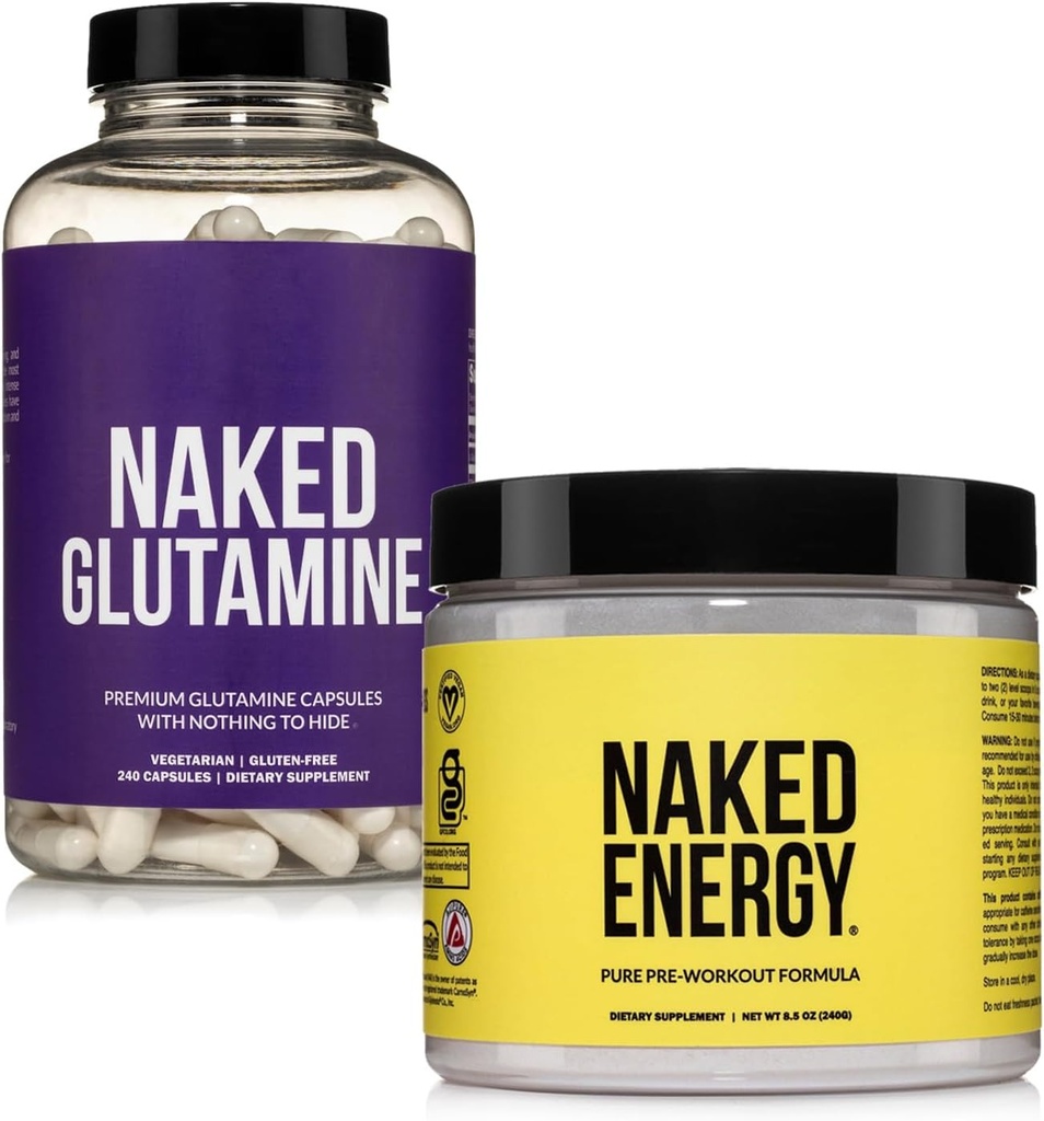 NAKED Vegan Energizing Muscle Recovery Bundle Unflavored Energy und 240 L-Glutamin Kapseln, 1000mg