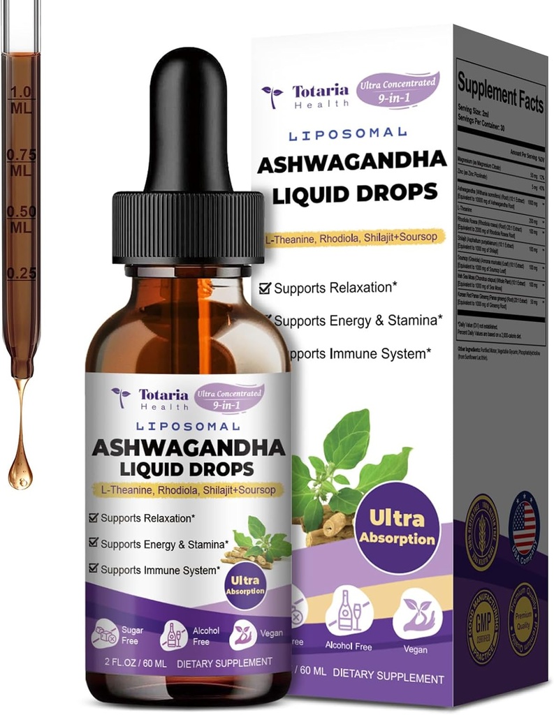 Totaria Liposomal Ashwagandha Liquid Drops w/Shilajit, Magnesium, Soursop, L-Theanin, Ultra Extact Ashwagandha Root Extract | 7% Withanolides | Alkoholfrei | Non-GMO | für Männer und Frauen