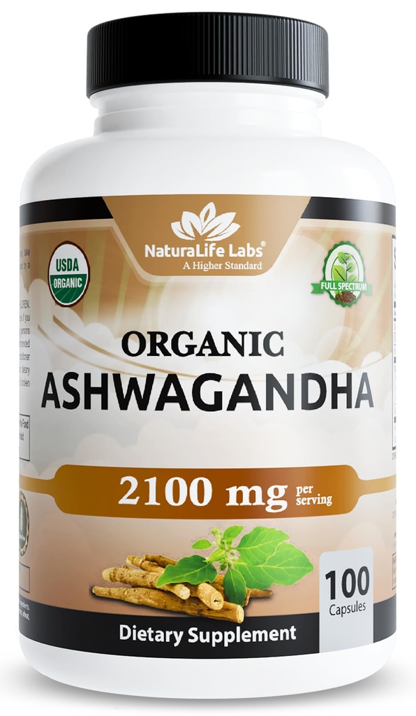 NaturaLife Labs Bio Ashwagandha 2100 mg pro Servieren – Wurzelpulver & Extrakt – 100 Kapseln – Vegan, Non-GMO, Glutenfrei