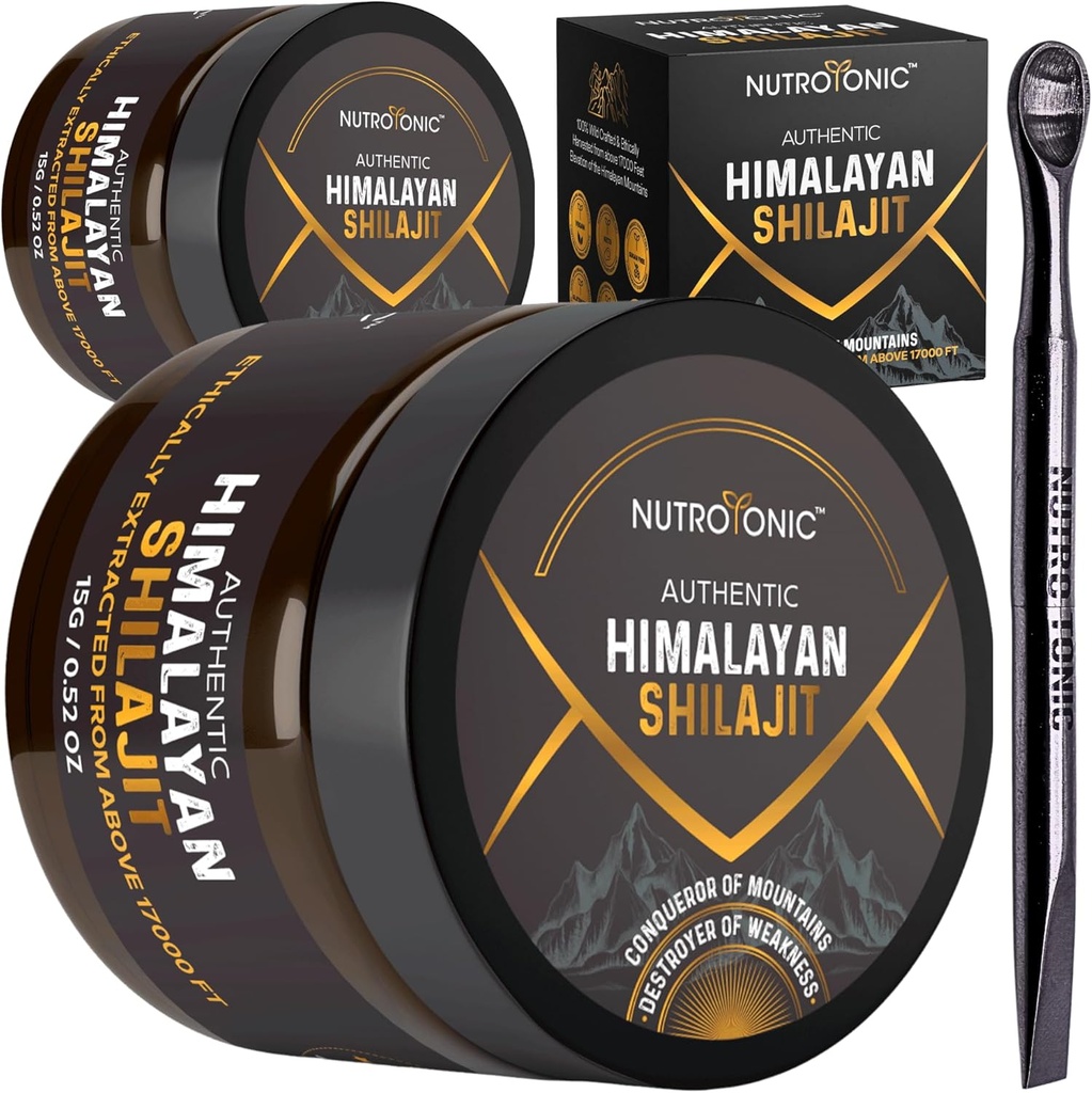 NutroTonic® Authentic Himalayan Shilajit Resin for Men & Women - Gold Grade 86% Fulvic Acid - Wild Crafted +17000 FT – 40x Nano Filtered & Sun Dried - 3rd Party Lab Tested - 15g Jar (Pack of 2)