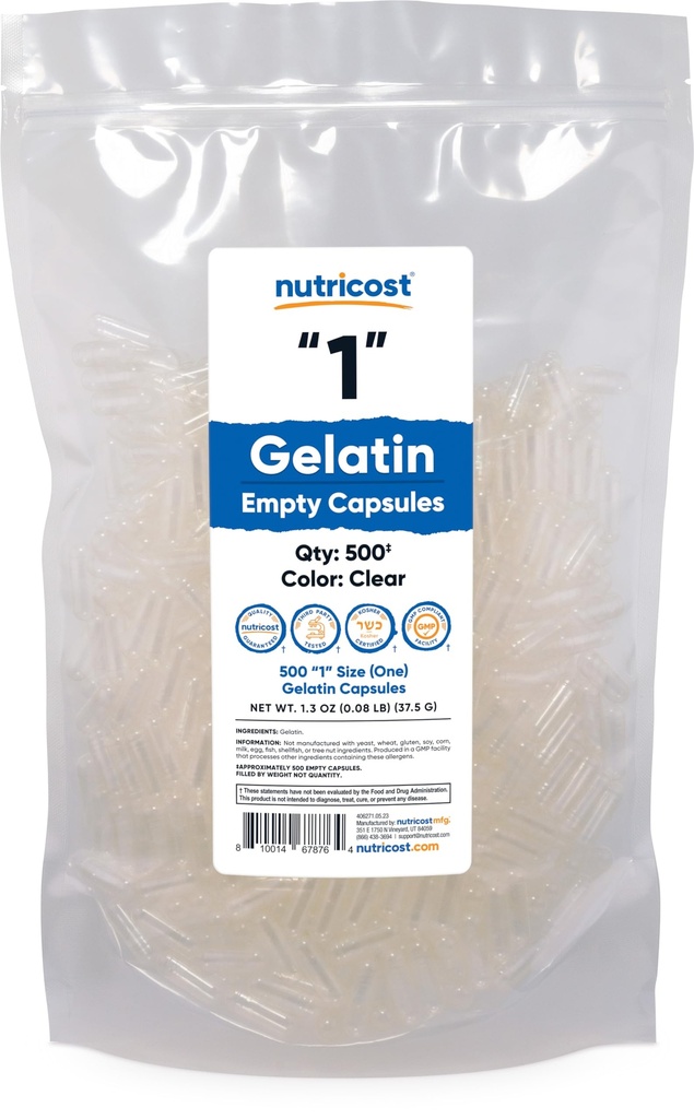 Nutricost Leer Kapseln Gelatin Größe 1-500 Klar Leere '1' Gel Kapseln - Kosher, Non-GMO, Soy Free, Glutenfrei
