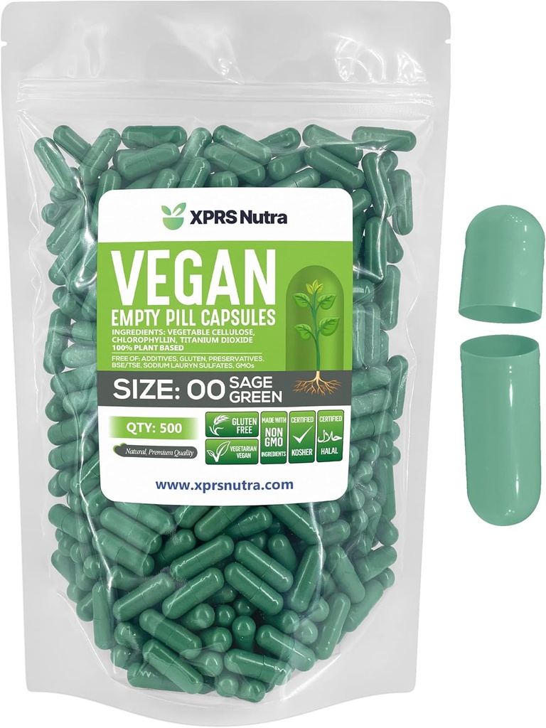 XPRS Nutra Größe 00 Leere Kapseln - 500 Zähler leere vegane Kapseln - Vegetarische leere Pillen - DIY Gemüse Kapsel Füllung- Veggie Pillen Caps (Sage Green)