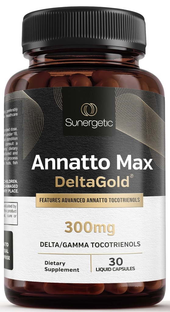 Sunergetic Premium Annatto Tocotrienol Supplement – mit DeltaGold – Tocotrienols Vitamin E 300 mg – Unterstützt Leber-, Immun- und Herzgesundheit - Delta + Gamma Tocotrienols (30 Flüssigkeitskapseln)