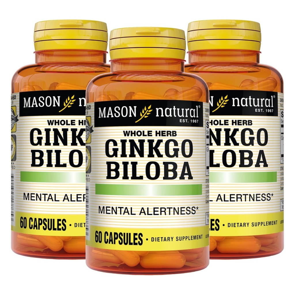 MASON NATURAL Ginkgo Biloba, 3 Monate Versorgung, hilft, Psychische Alertness und Unterstützung Optimale Gehirnfunktion, 60 Kapseln (3 Pack)
