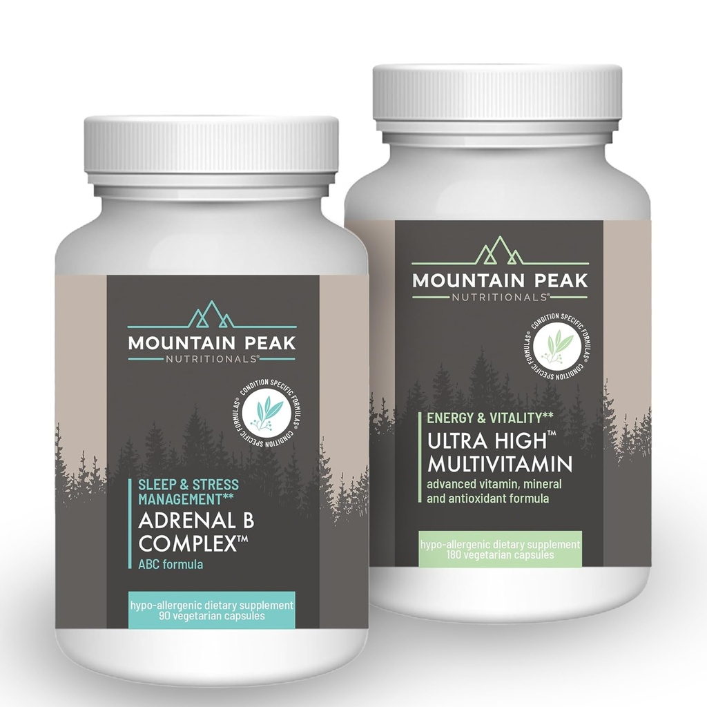 Mountain Peak Nutritionals Adrenal B Complex & Ultra High Multivitamin Combo Pack - Vitamin, Multi-Mineral, & Adaptogen Support - B Vitamine, Probiotika, & Essential Nährstoffe - 90 & 180 Vegetarische Ca