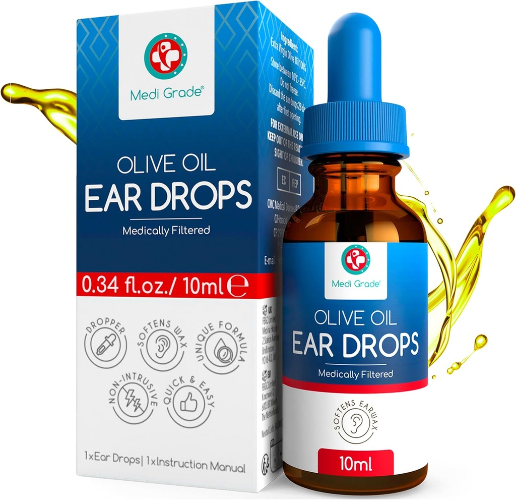 Medi Grade Olivenöl Ohr Tropfen für Wachsentfernung und blockierte Ohren, 10ml - 100% natürliche Ohr Wachsentfernung Tropfen mit Pipette Dropper weicht und entfernt gehärtete Earwax Buildup - Advanced Ear Wax Drops