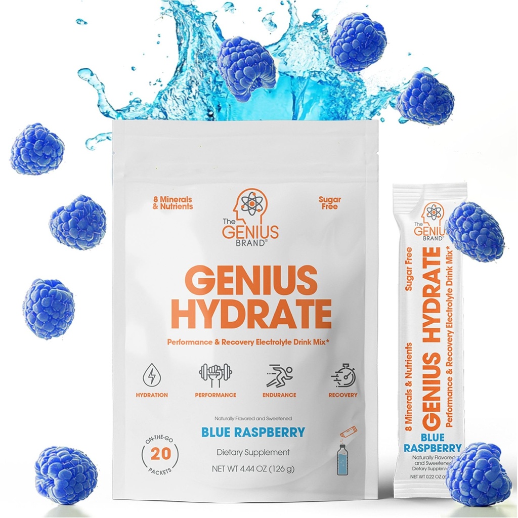 La marque Genius - Genius Hydrate Stick Pack Powder Drink Mix – Blue Raspberry Flavor, Booster d'électrolyte naturel avec de l'eau de coco et du potassium pour l'hydratation ultime - 20 paquets