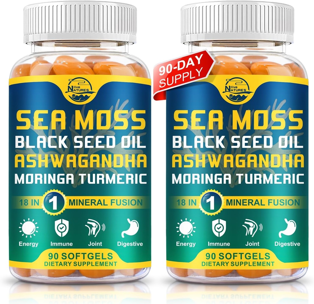 Nature's live Organic Sea Moss Softgels mit schwarzem Seed Oil, Ashwagandha, Bladderwrack, Ginger, Burdock Root, Manuka Honey, Cinnamon für Immunsystem, Haut, Energie, 90 Softgels, 2 Pack